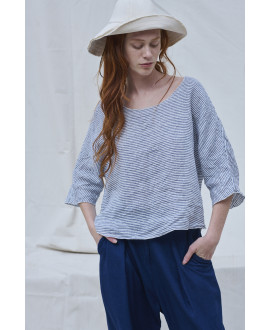 BLUSA DE LINO CUELLO BARCA RAYAS AZUL