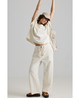 ECRU WIDE-LEG TROUSERS WITH ELASTIC BACK WAIST