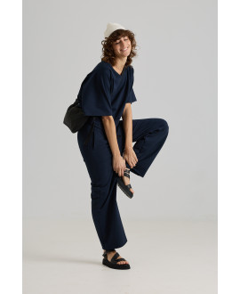 NAVY WIDE-LEG TROUSERS WITH ELASTIC BACK WAIST