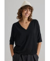 CAMISETA OVERSIZE DE CUELLO PICO Y MANGA 3/4 NEGRO