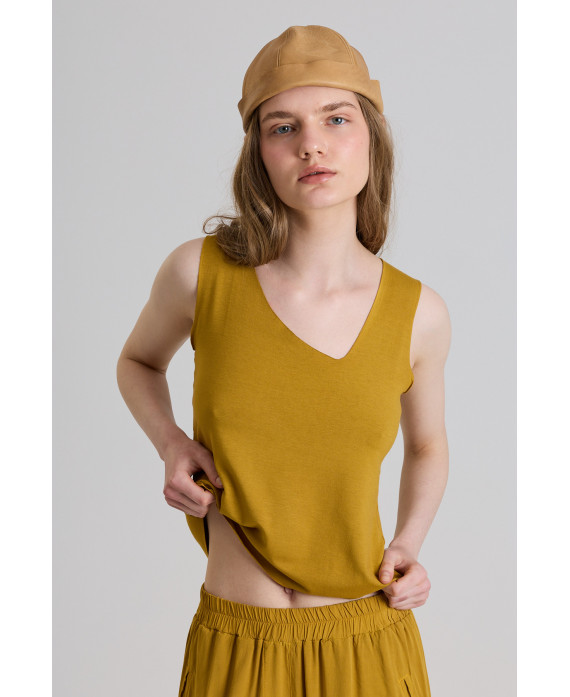 MUSTARD ASYMMETRICAL V-NECK T-SHIRT