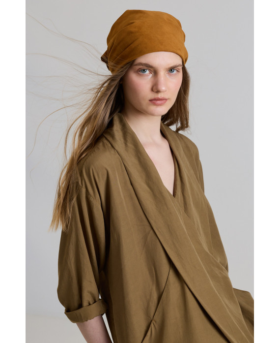 CROSS-FRONT DRESS WITH WIDE SLEEVES IN SOIL