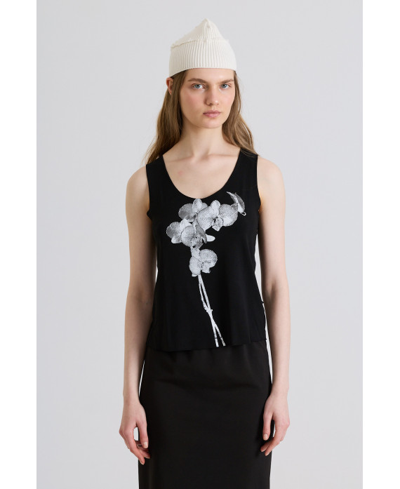 BLACK SLEEVELESS PRINTED T-SHIRT