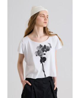 WHITE OVERSIZE RIBBED SHORT-SLEEVE PRINTED T-SHIRT