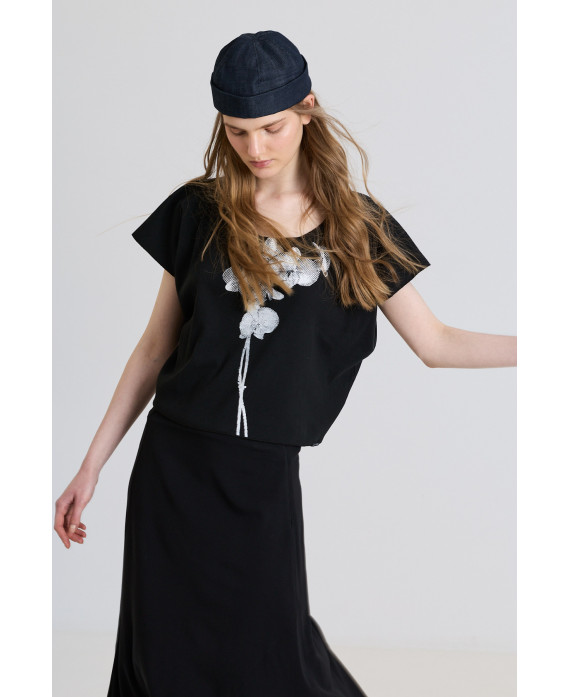 BLACK OVERSIZE RIBBED SHORT-SLEEVE PRINTED T-SHIRT