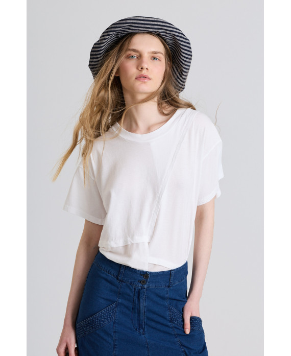 WHITE MIXED-FABRIC T-SHIRT WITH FRONT OPENING