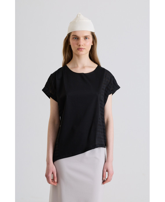BLACK LATERAL MIXED-FABRIC T-SHIRT
