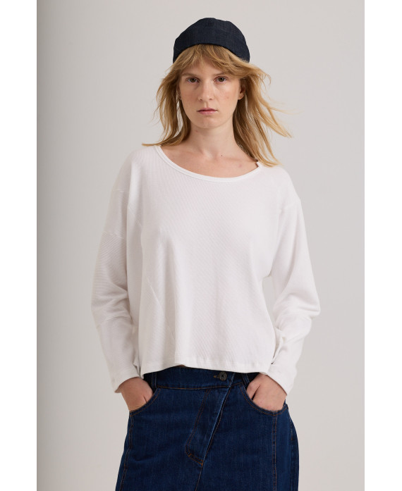 WHITE LOOSE-FIT RIBBED T-SHIRT WITH SEAMS