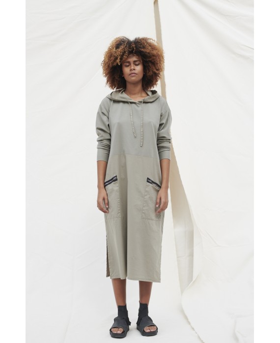 PLUSH AND POPELIN DRESS IN KHAKI