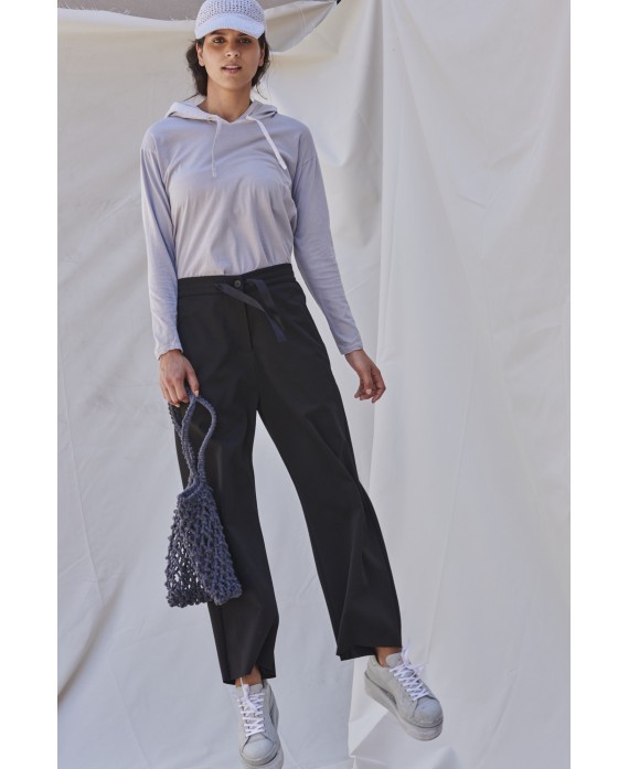 BLACK ELASTIC WAIST TROUSERS