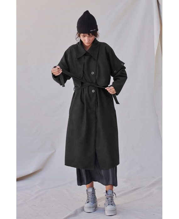 BLACK CASHMERE AND WOOL TRENCHCOAT