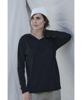 HOODED LONG SLEEVE T- SHIRT BLACK